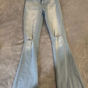 YMI Light Blue Flare Jeans with Knee Rips